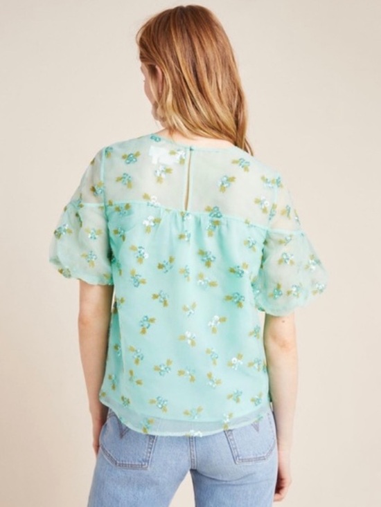Anthropologie Sabine Beaded Sequin Mint Green Embroidered Puff Sleeve Blouse - Picture 3 of 11